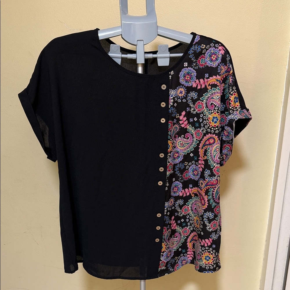 Black Short-Sleeve Blouse with Multicolor Paisley Panel